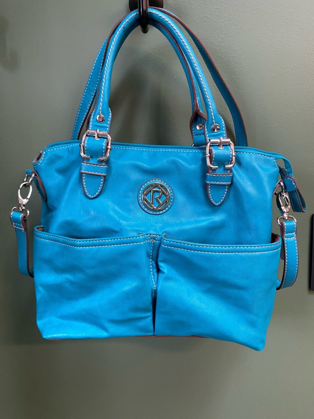 Turquoise Blue Shoulder Tote Bag with Front Pockets - Brand: Unknown